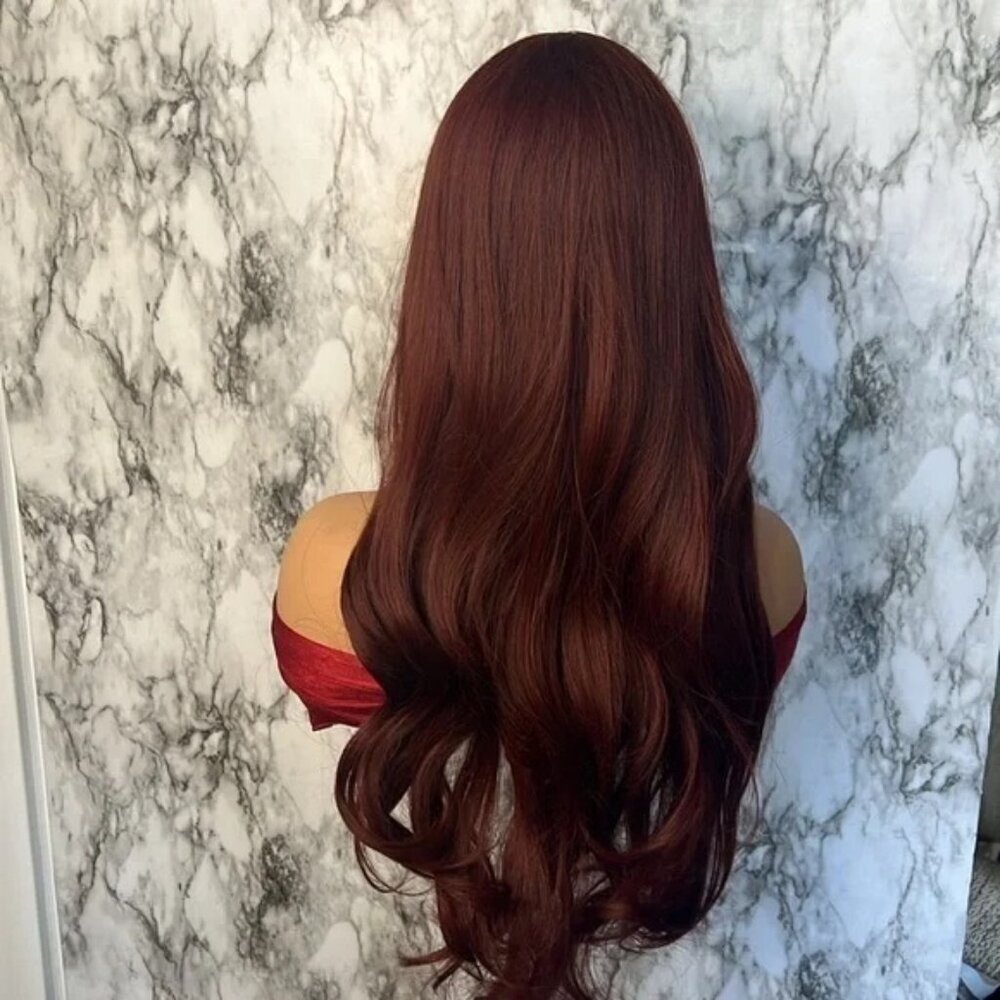 Burgundy Red Long Wavy Wig with Bangs Natural Realistic Hair look - Picture 4 of 14